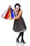 Funny mime in spotty dress holding shopping bags