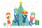 Funny mini business people dancing near the Christmas tree. New Year business concept.