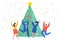 Funny mini business people dancing near the Christmas tree. New Year business concept.