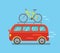 Funny minibus traveling with a bike in a cartoon style. Flat vector illustration