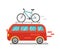 Funny minibus traveling with a bike in a cartoon style. Flat vector illustration