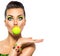 Funny model girl with green bubble of chewing gum