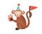 Funny monkey in cone hat holding festive cupcake vector flat illustration. Joyful celebratory marmoset with sweet