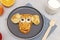 Funny monkey,dog face shape snack from pancake on plate. Cute kids childrens baby\\\'s sweet dessert, healthy breakfast