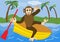 Funny monkey floats on yellow inflatable rubber dinghy with red oar. Illustration for children, animal vector cartoon clipart