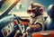 A funny monkey in a jacket and sunglasses sits behind the wheel of a car. AI Generated