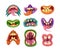 Funny monster mouth set with different expressions. Monstrous emotions, facial scary horror expressions for Halloween cartoon