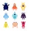 Funny monsters. Cute baby monster aliens bizarre avatars. Crazy hungry halloween animals isolated cartoon vector