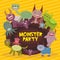 Funny monsters party card design on yellow striped background. Vector