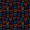 Funny monsters seamless pattern. Halloween holiday character silhouettes background. Vampires, skeletons, demons stencil