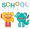 Funny Monsters And Text School On A White Background. Cartoon Vector Illustrations. Back to School Theme. Colored Letters Vector.