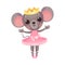 Funny Mouse in Ballerina Dress and Crown on Head Dancing Vector Illustration