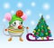 Funny mouse in hat with sled and Christmas tree
