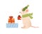 Funny mouse holding Christmas gift box vector flat illustration. Cute rat in warm scarf and hat carrying festive wrapped