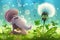 Funny mushroom blowing on a dandelion in the middle of the forest, green grass, morning clover in nature. Summer magic garden art