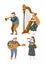 Funny musician playing a trumpet, harp, guitar and singer isolated on the white background. Vector illustration.