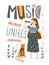 Funny musicians - young girl and cat sing a duet. Vector illustration for music festival with lettering - `Music unites`.