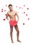 Funny naked man holding big red paper heart