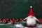 Funny nordic gnome with long beard and red hat standing in the snow on dark green background