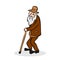 Funny old man with hat and walking cane. Grandfather with a long