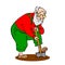 Funny old man working in the garden. Grandfather with a long beard shovel digs up the ground. Colorful cartoon vector