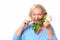 Funny older woman with rose stem in mouth