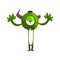 Funny one eyed green monster, horned fabulous creature cartoon character vector Illustration