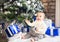 Funny one year old baby baby boy on bright festive background