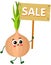 Funny onion holding a wooden signboard with the inscription sale