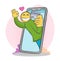 Funny online cashless shopping concept. Cute vector doodle character climbs out of the cellphone with plastic card