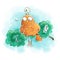 A funny orange bird sits on a branch