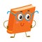 Funny orange book character in round blue nerdish glasses