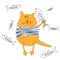 Funny orange cat sailors in striped frock and fish skeleton. Cartoon style