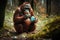 Funny orangutan with Easter egg. Generative AI