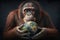Funny orangutan holding earth. Generative AI
