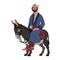 Funny oriental peasant riding a gray donkey. A national hero.