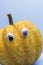 Funny overripe pumpkin with eyes on the blue background