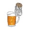 A funny owl in a cap sits on a mug of beer. Vector illustration for a postcard or a poster.