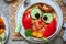 Funny owl mashed potato carrot vegetable puree with sausage