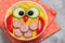 Funny owl mashed potato vegetable puree with sausage for kids lunch