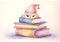 Funny owl in a nightcap sleeps on books. Symbol of wisdom education and knowledge. Generative AI