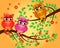 Funny owls on branch in flowers. Spring concept background. Bright illustration, can be used as invitation card. summer wallpaper
