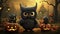 Funny owls at Halloween with cute pumkins. Generative AI illustrations