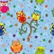 Funny owls and tree seamless pattern over blue