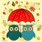 Funny owls with umbrella