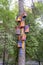 The funny painted birdhouses on the tree. Handmade wooden nesting box