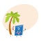 Funny palm tree and passport characters, travelling, summer vacation symbol