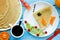 Funny pancakes with fruits for kids breakfast