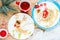 Funny pancakes Santa Claus and reindeer ride in a sleigh