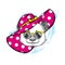 Funny panda in a beautiful beach hat. Vector illustration for a postcard or poster, print for clothes, cup or cover. Bear painted